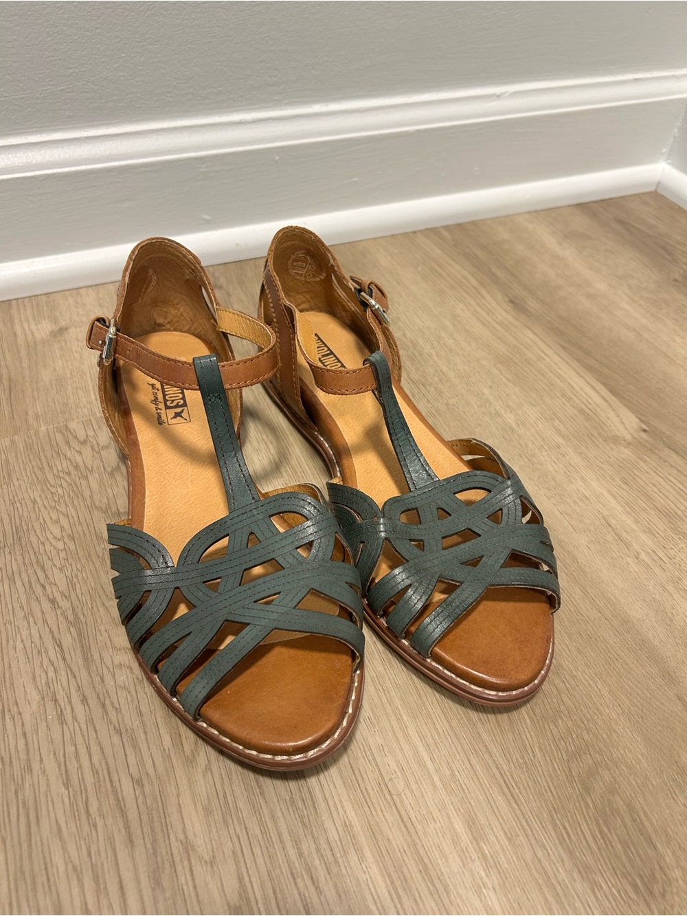 PIKOLINOS Teal Strappy T‑Bar Leather Sandal with Brown Footbed - Picture 6 of 6